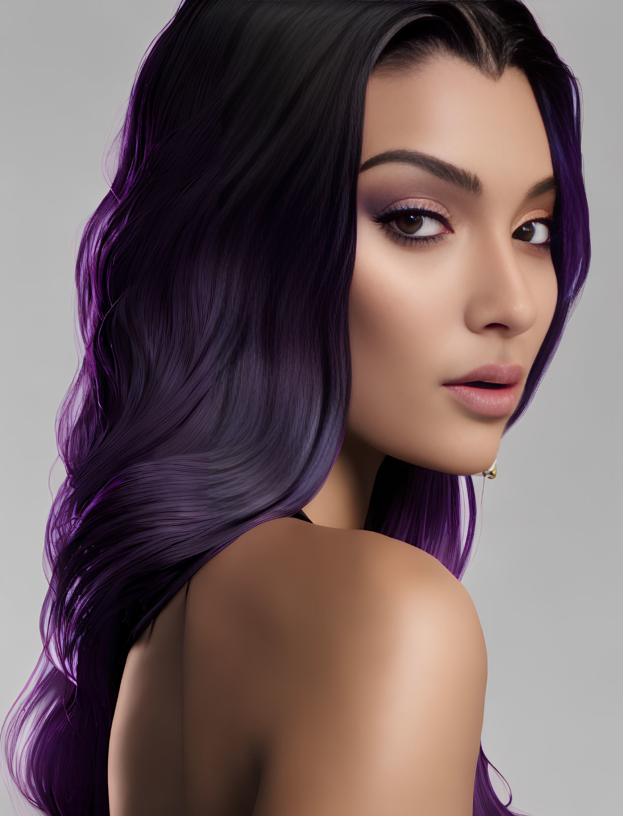 Digital portrait of woman with flowing purple hair and perfect makeup on gray background