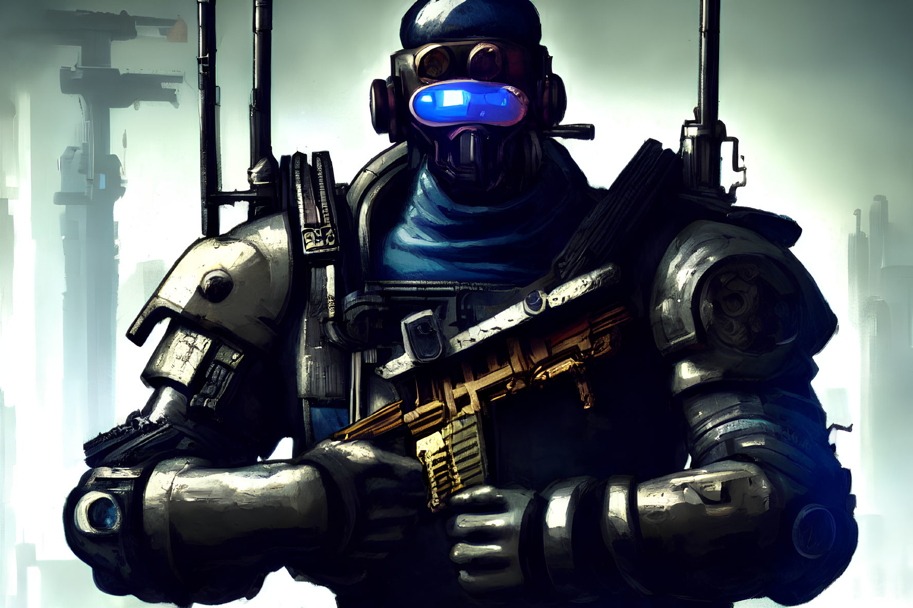 Futuristic soldier in gas mask and heavy armor with rifle, cityscape background
