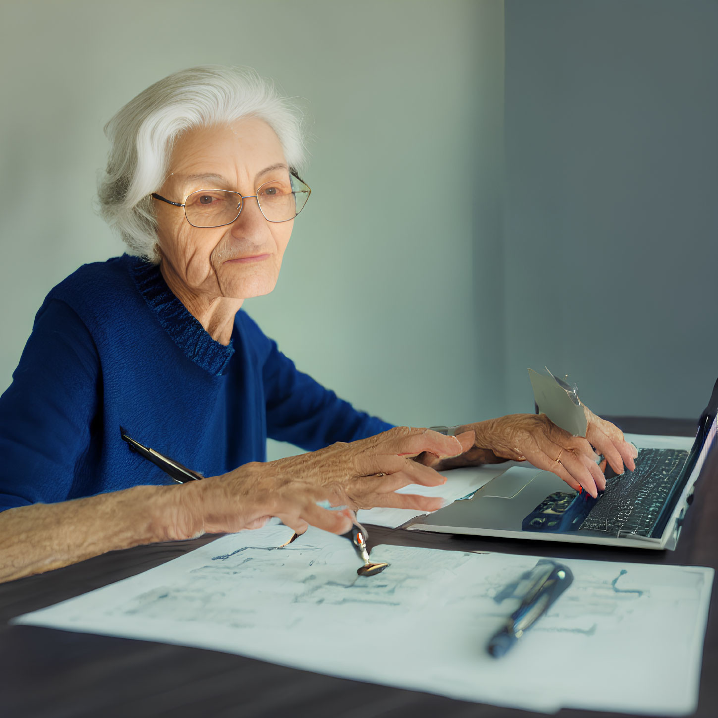 Elderly Woman with Glasses Reviewing Documents on Laptop