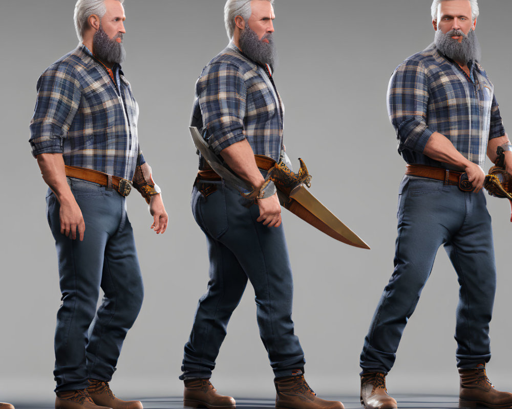 3D-rendered male character in plaid shirt, jeans, boots, and sword poses