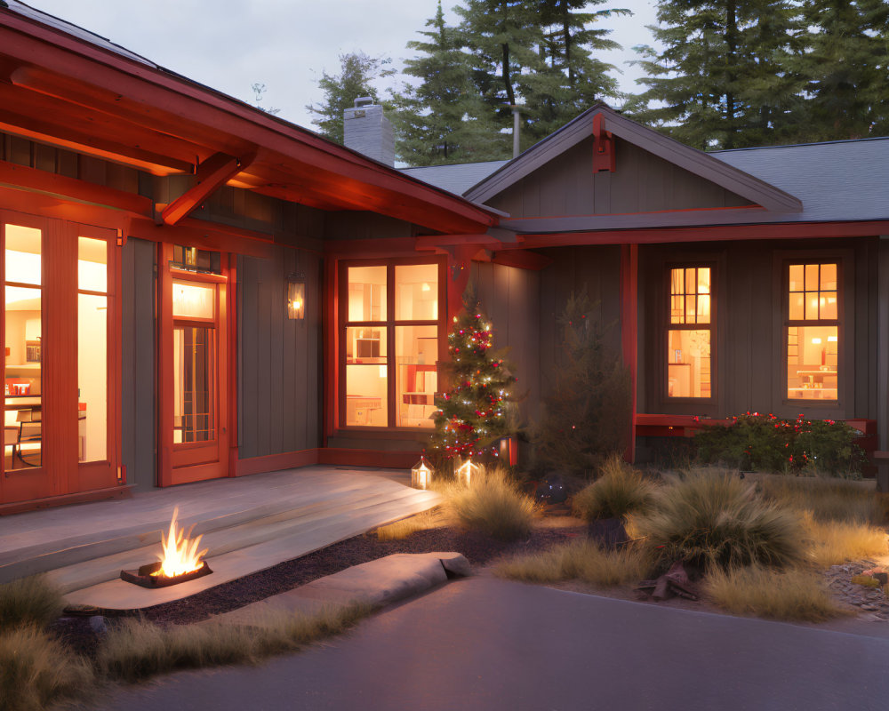 Modern house with warm lighting, fire pit, and Christmas tree view