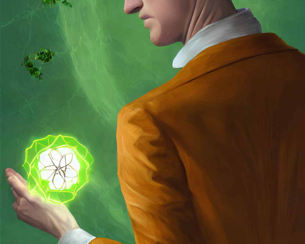 Blue-haired person in orange jacket gazes at glowing green geometric shape surrounded by particles and leaves.