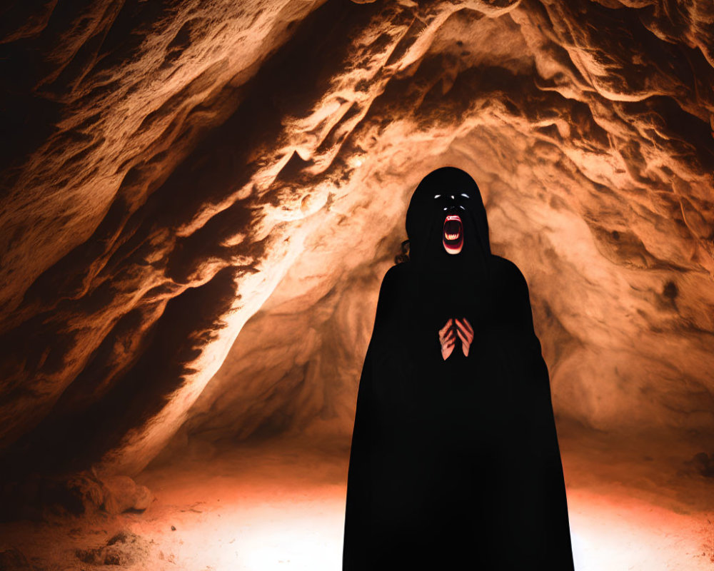 Person in black cloak with scream mask in front of cave backdrop with orange lighting