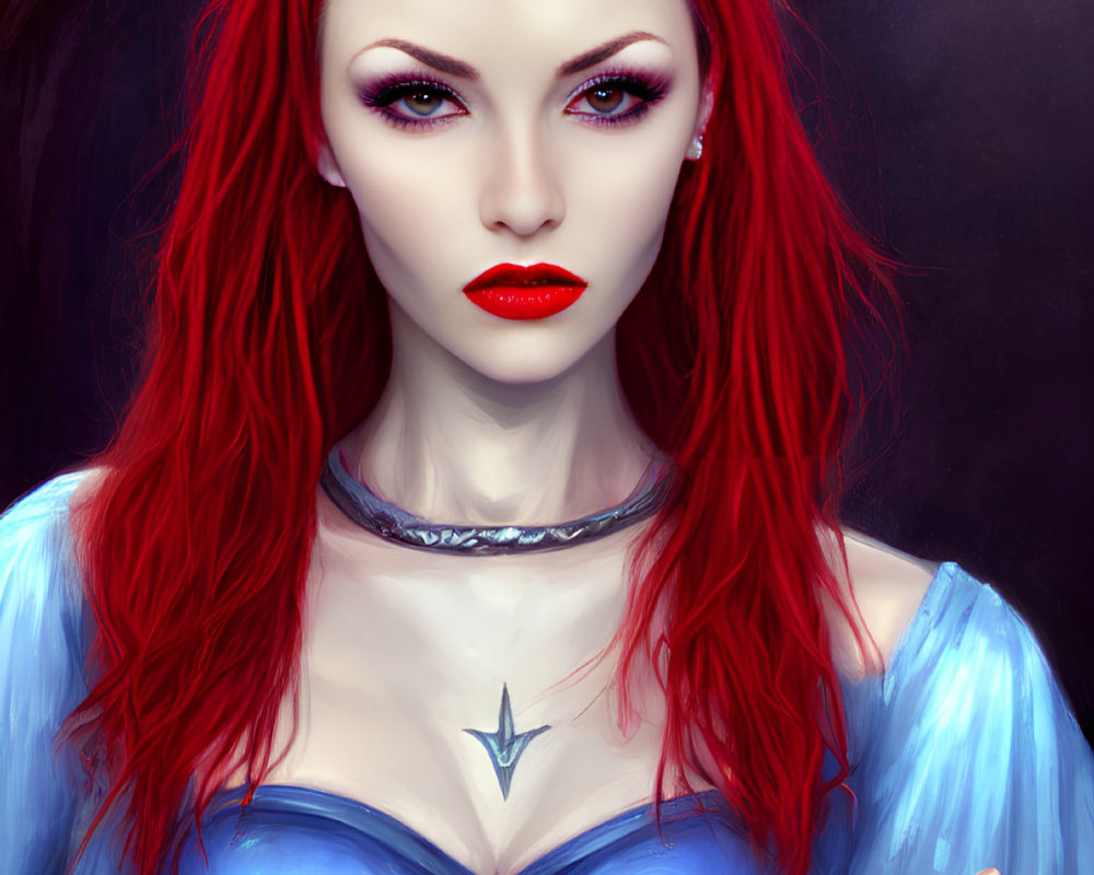 Digital artwork featuring woman with red hair, violet eyes, blue bodice, choker & pendant,