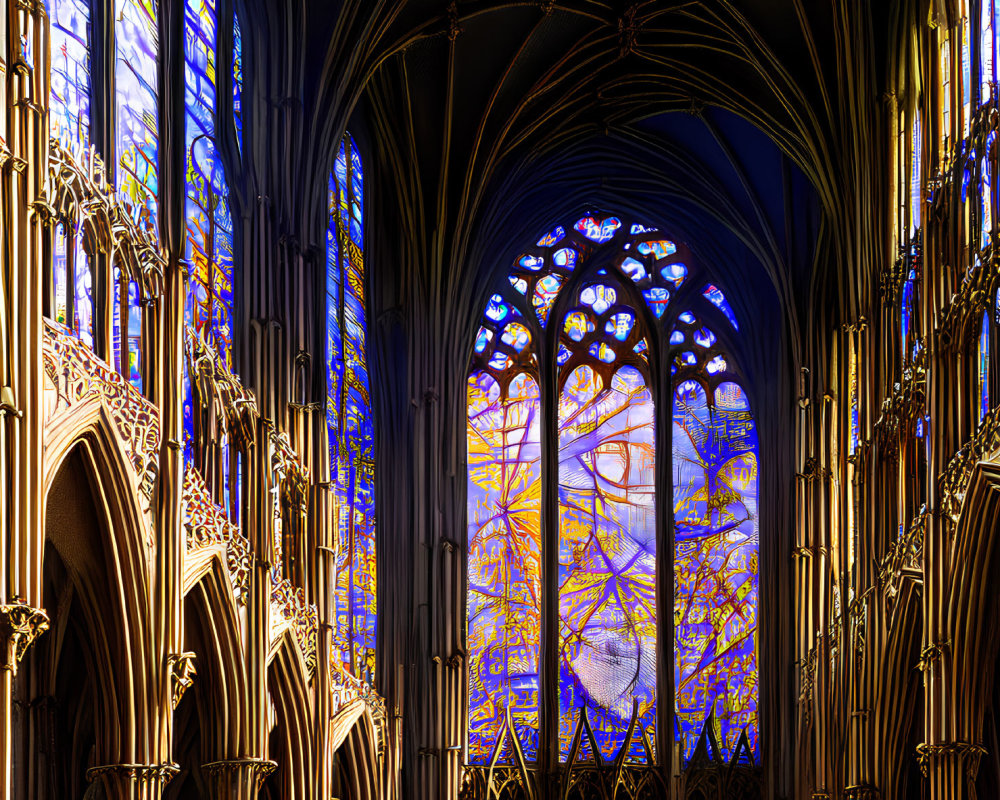 Gothic Cathedral Interior with Ribbed Vaults and Stained-Glass Windows