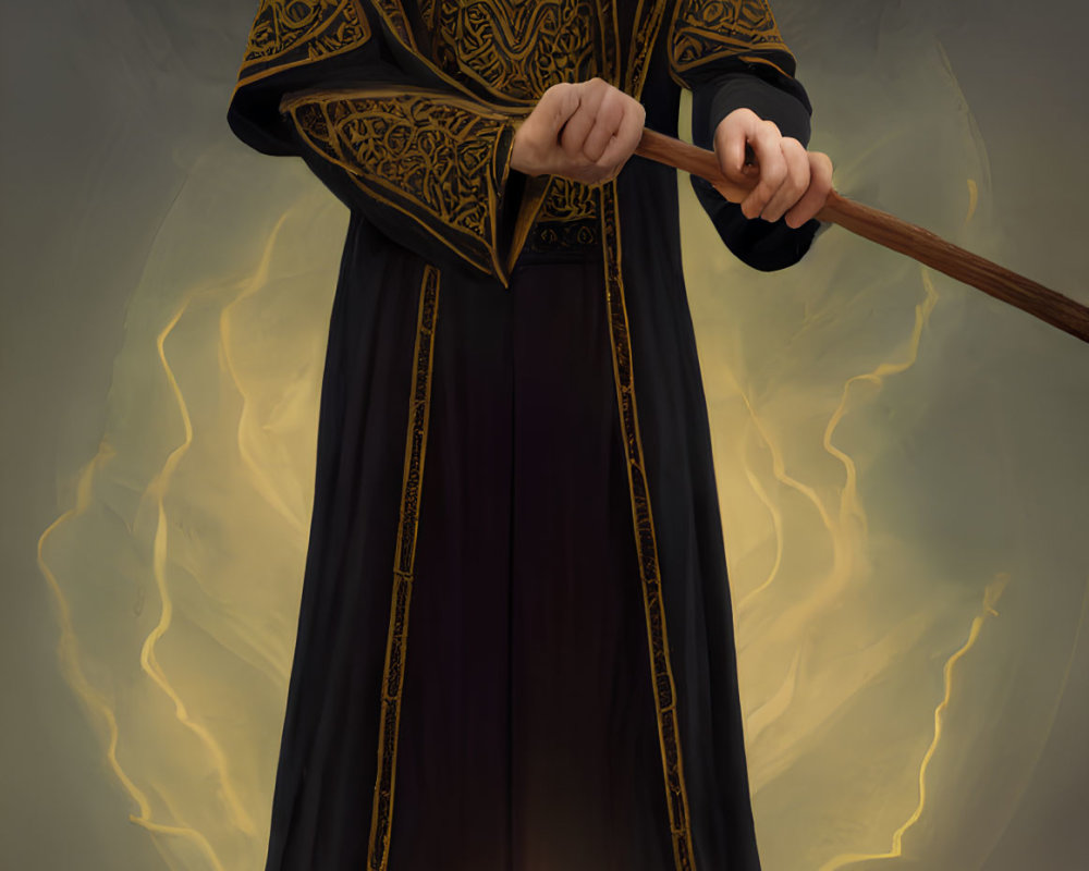 Bearded man in detailed black robe with glowing energy and staff