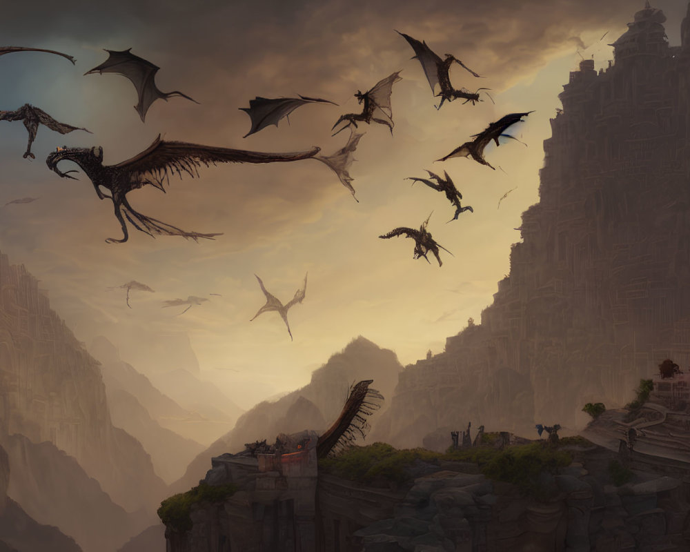 Fantasy world with dragons above ancient ruins and misty cliffs