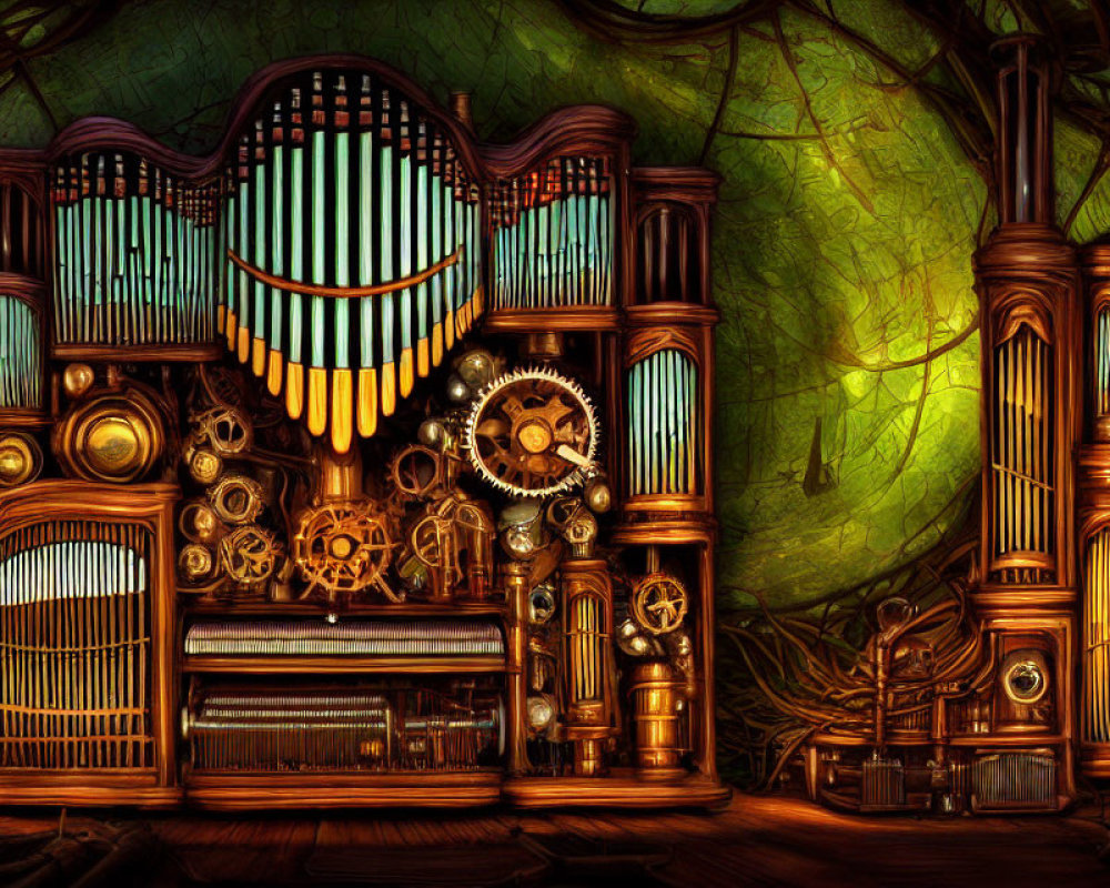 Steampunk-style organ with gears and pipes in forest setting