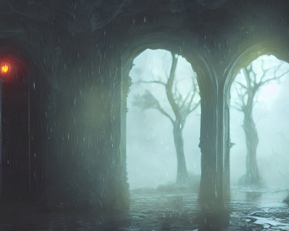 Mystical forest scene with glowing red eye and archways