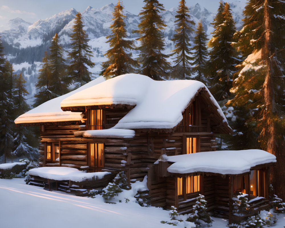 Snow-covered wooden cabin among pine trees with warm lights and snowy mountains at dusk