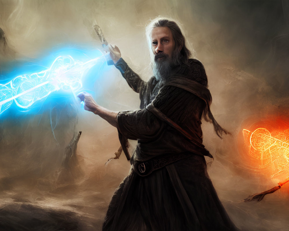 Elderly wizard casting powerful spell with blue energy and fiery red symbols