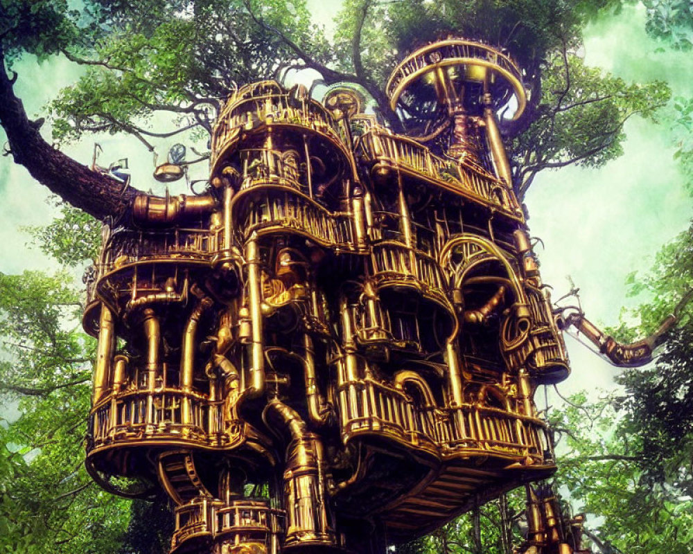 Detailed brass treehouse with whimsical mechanical features in lush green setting