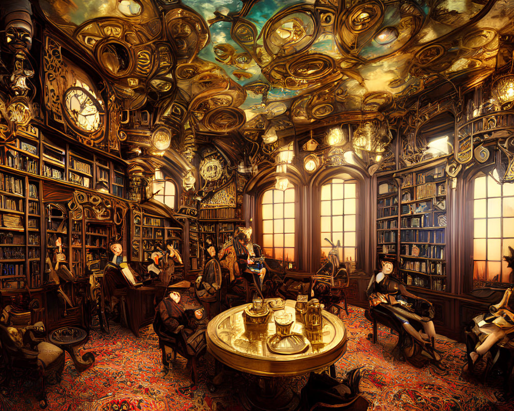 Luxurious steampunk library with books, clocks, globes, and guests in warm lighting
