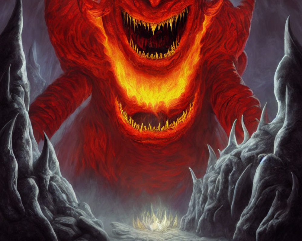 Red demonic creature with glowing eyes in dark volcanic landscape
