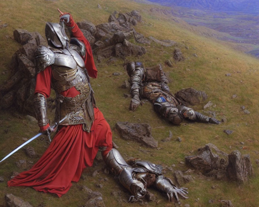 Victorious knight in red cape amidst fallen adversaries on rugged landscape