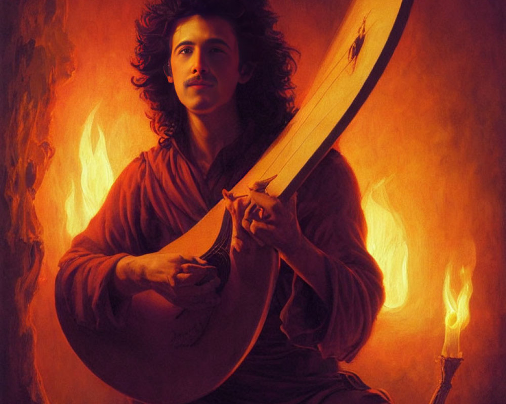 Person with Wavy Hair Holding Curved Sword Against Fiery Backdrop