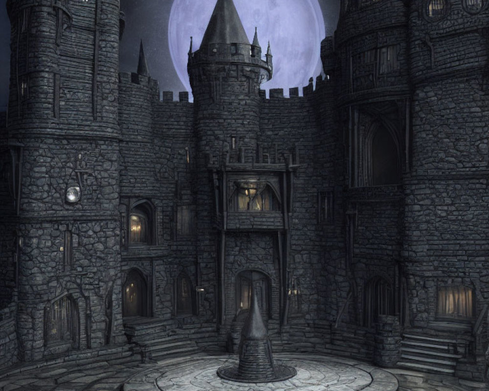 Gothic castle courtyard at night with full moon and medieval elements