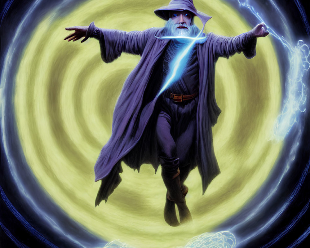 Blue-Glowing Wizard Casting Spell in Yellow Magical Vortex