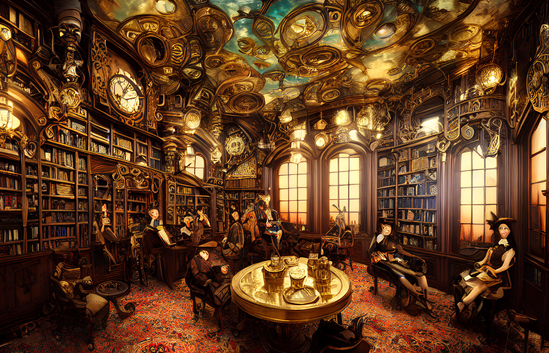 Luxurious steampunk library with books, clocks, globes, and guests in warm lighting