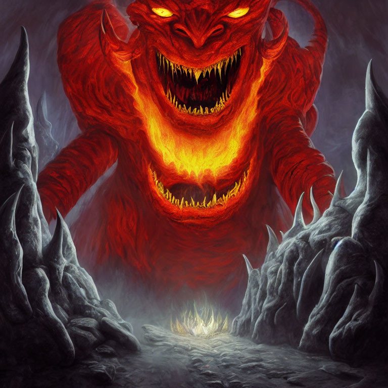 Red demonic creature with glowing eyes in dark volcanic landscape