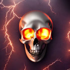 Metallic Skull Illustration with Glowing Eyes on Dark Red Background