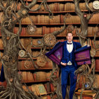 Person in Blue Suit Standing by Whimsical Bookshelf with Books and Curios