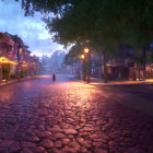 Tranquil dusk street scene with wet cobblestones, modern car, traditional buildings, and ambient