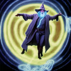 Blue-Glowing Wizard Casting Spell in Yellow Magical Vortex