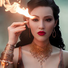 Elegant woman with jewelry touches flame, exuding mystique