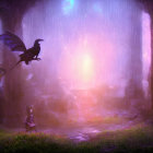 Mysterious purple-lit cavern with flying raven and unknown figures