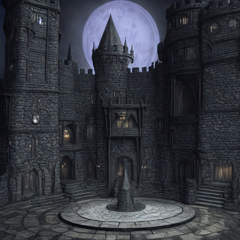 Gothic castle courtyard at night with full moon and medieval elements