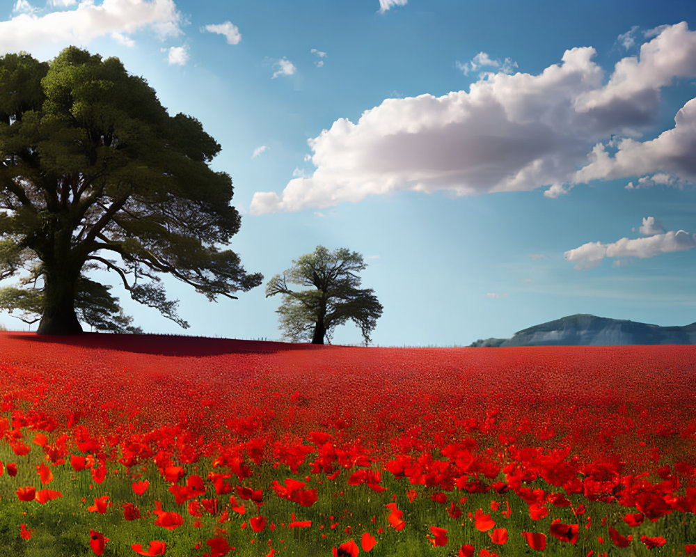 Lush red poppy field with trees under blue sky