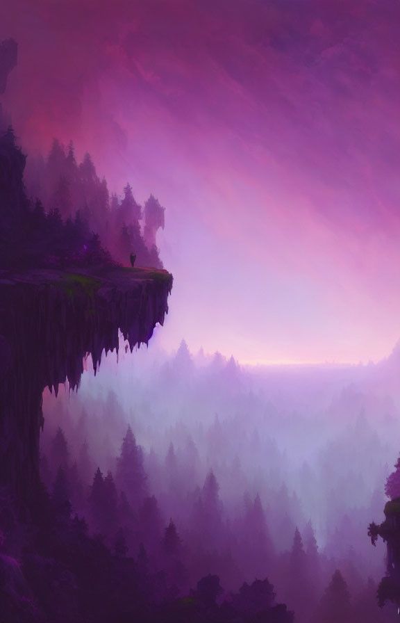Mystical Purple Landscape with Cliff and Forest in Mist