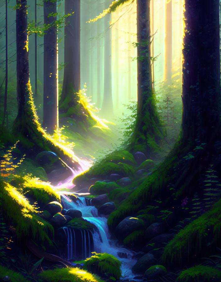 Tranquil forest scene with sunlight, mossy rocks, and waterfall