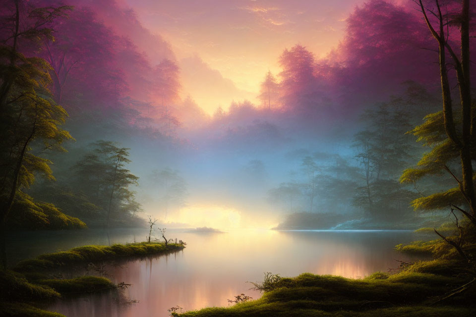 Misty sunrise over serene lake and forest trees