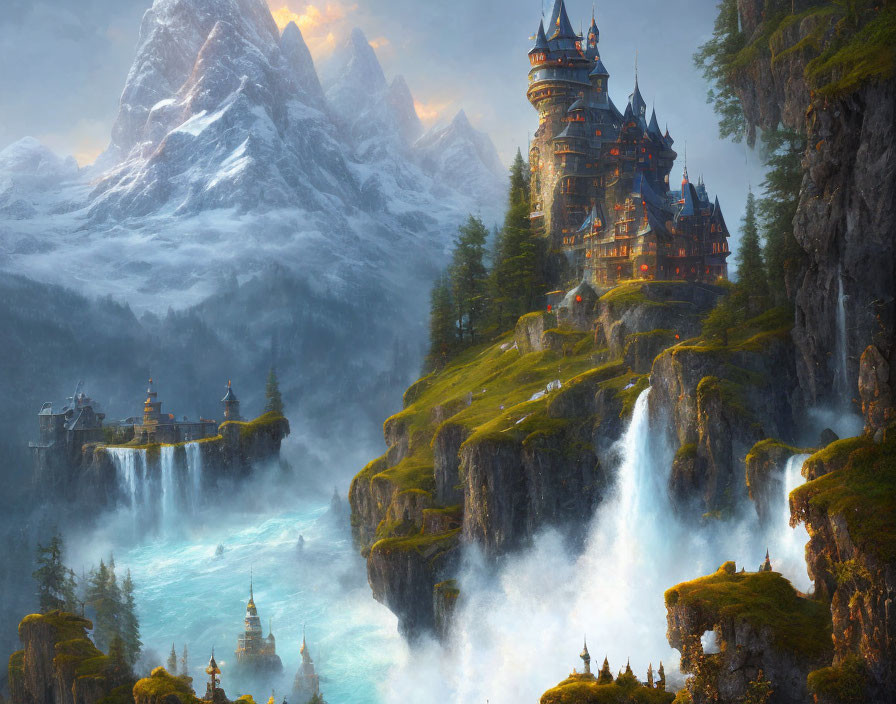 Elaborate castle on cliff surrounded by waterfalls & mountains