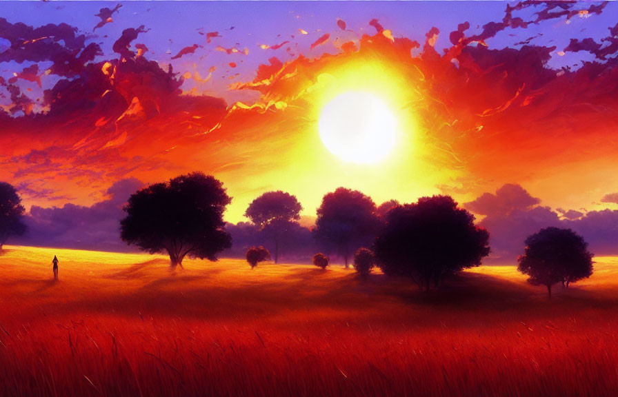 Scenic sunset with golden hues over red grass field and silhouetted trees.