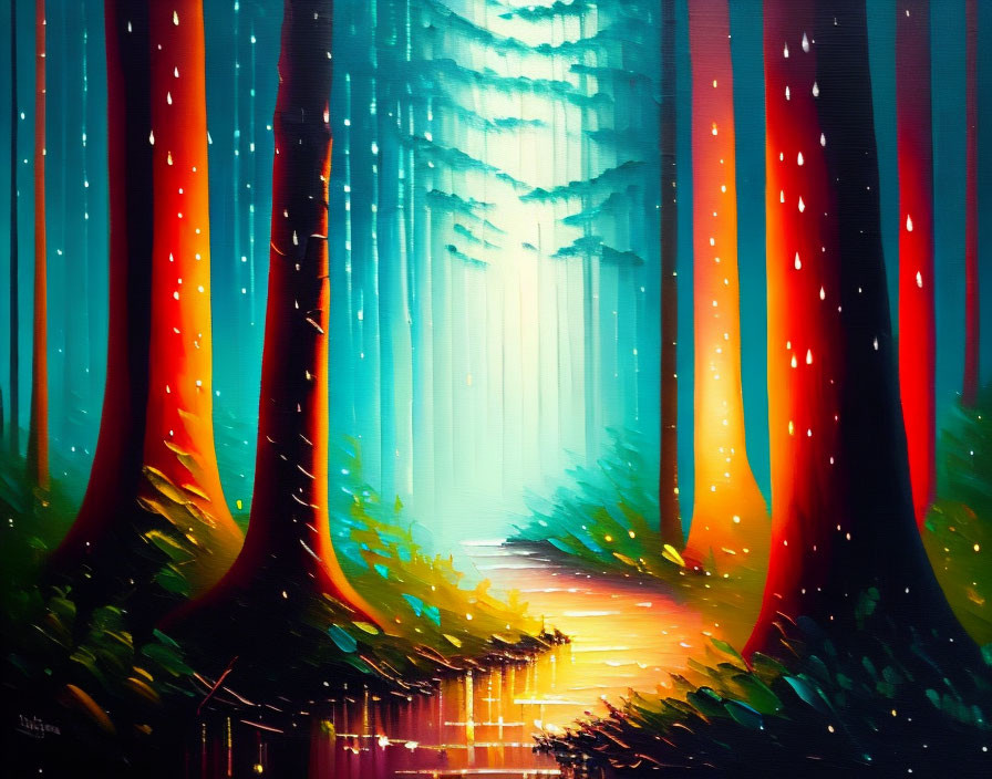Vibrant painting of mystical forest with glowing red trees and luminous pathway
