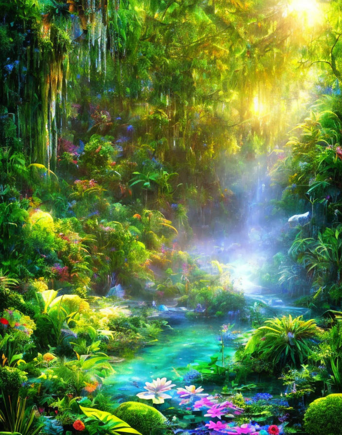 Lush greenery and serene river in vibrant forest scene