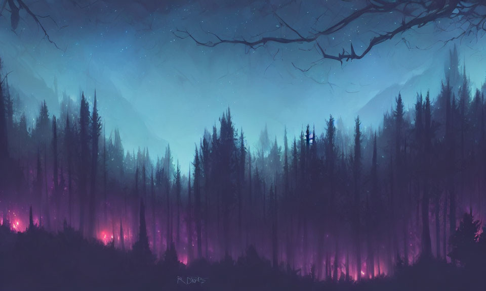 Twilight forest scene with silhouetted trees and bat in purple and blue hues