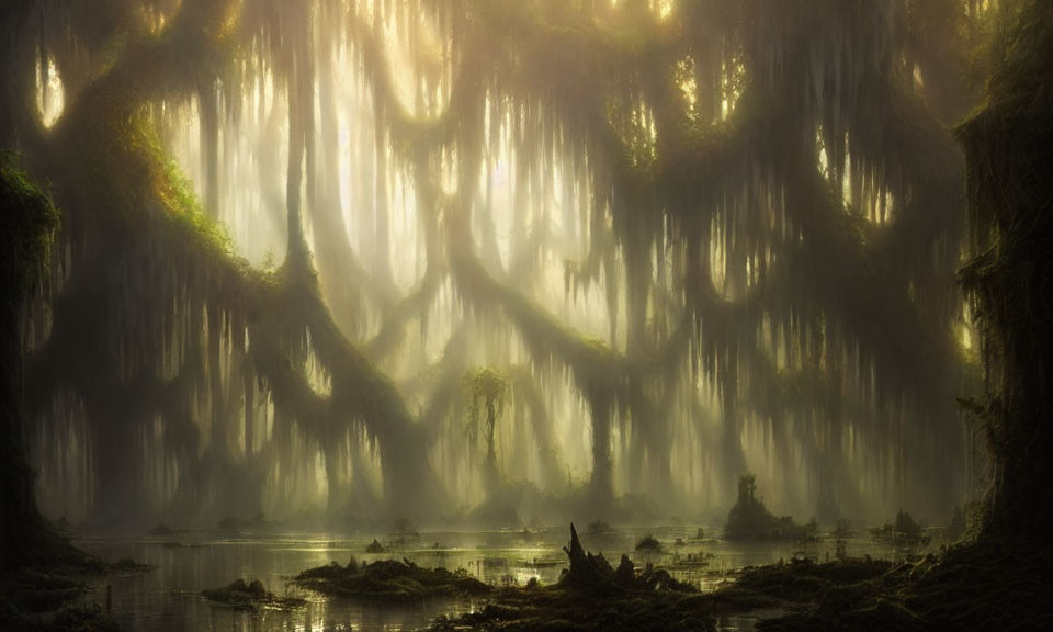 Moss-covered trees in mystical swamp with sunbeams