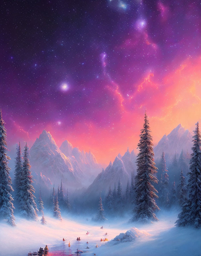 Snow-covered trees and mountains in serene winter landscape at dusk