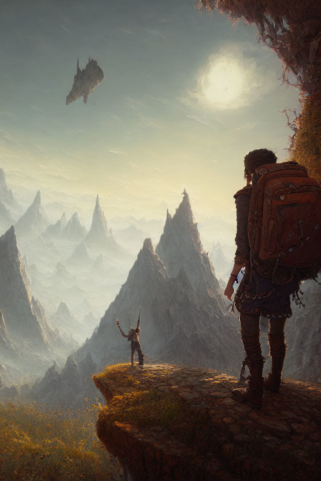Adventurer with backpack on cliff edge gazes at figure with sword on floating islands.