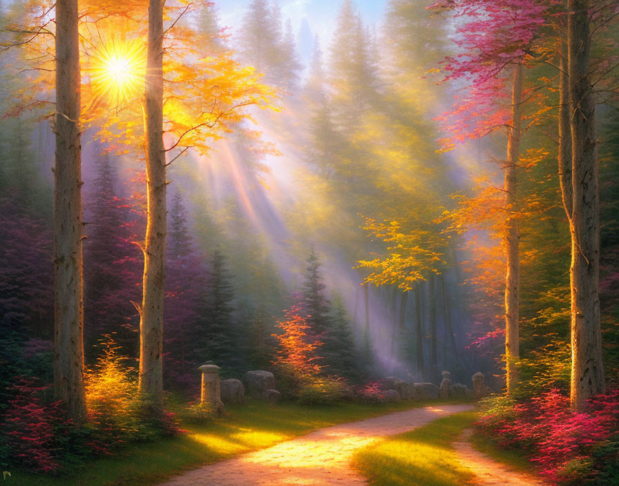 Tranquil Forest Path with Sunbeams and Vibrant Trees