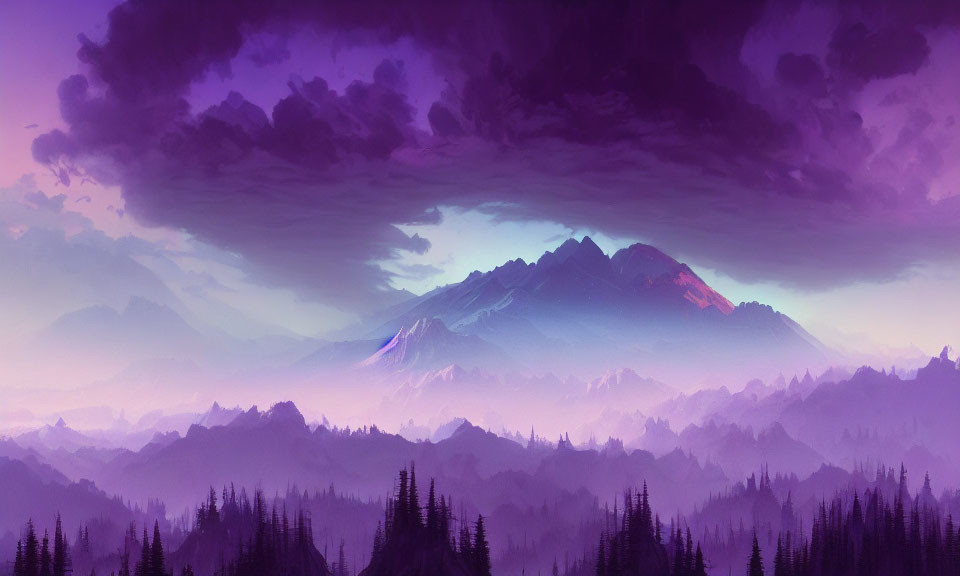 Digital Artwork: Serene Mountain Range at Dusk with Purple Skies