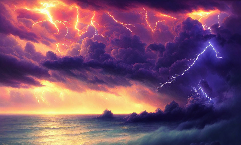 Dramatic ocean storm with purple clouds and lightning strikes