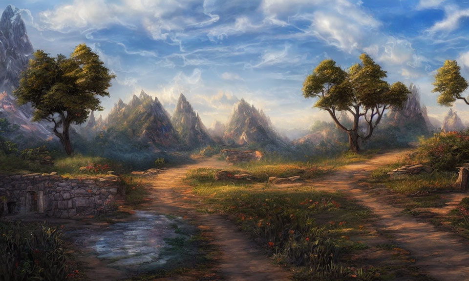 Scenic landscape with dirt path, trees, ruins, and mountains
