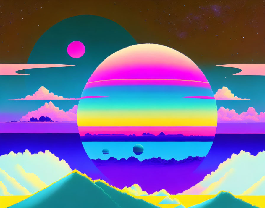 Colorful Surreal Landscape with Layered Hills and Celestial Bodies