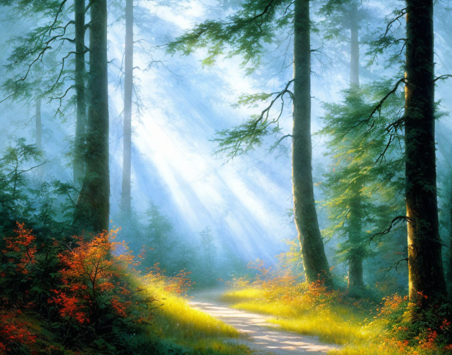 Sunlit Forest Path with Mist, Tall Trees, and Red Foliage