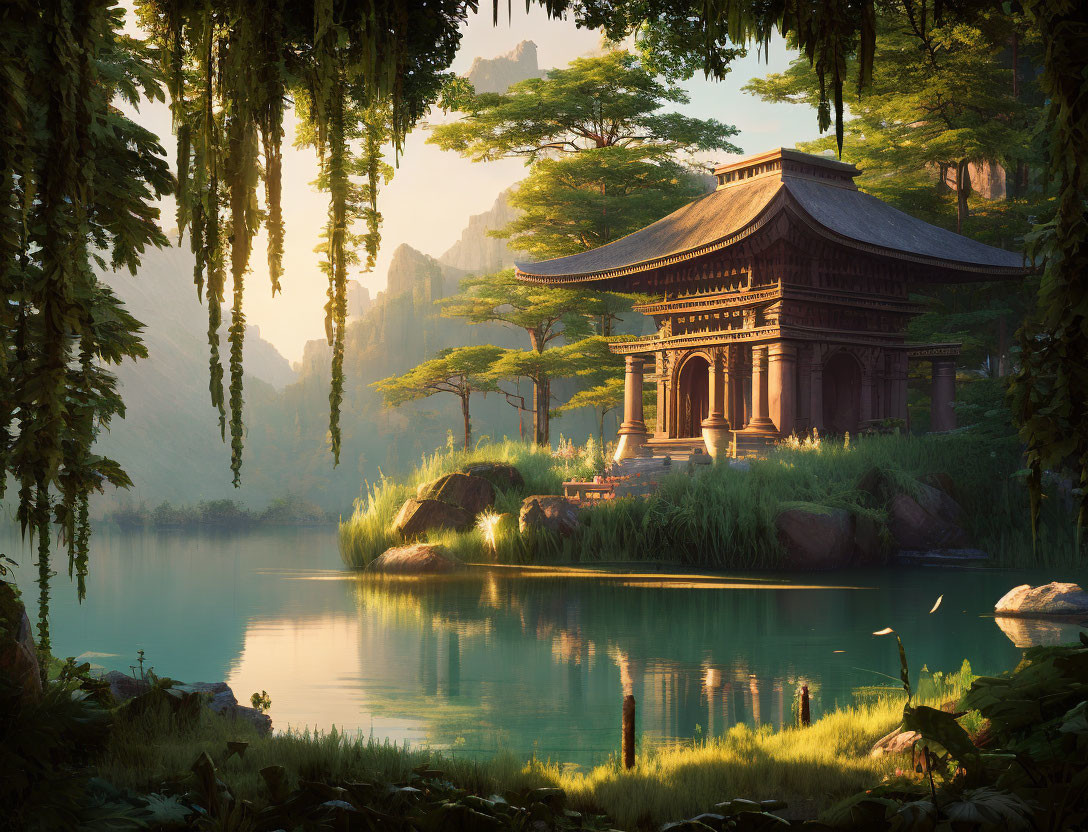 Ancient temple near tranquil lake with lush greenery and mountain backdrop at sunrise